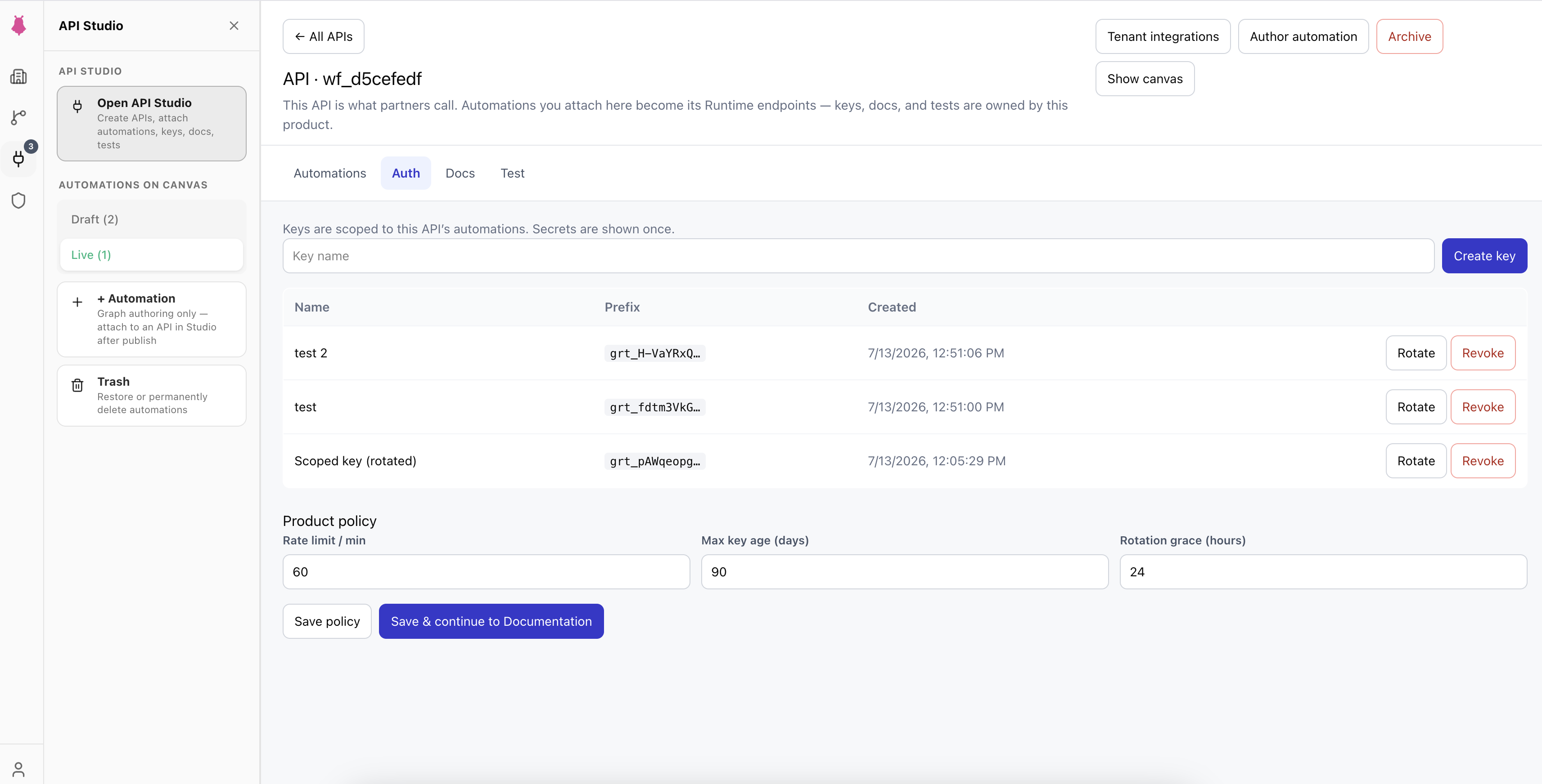 Ghostrun API Studio with application authentication and API controls