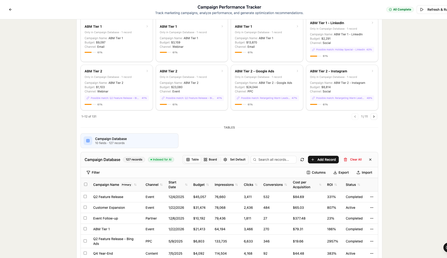 Database table view inside an app