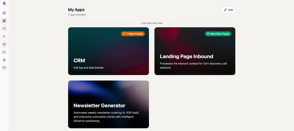 Ghostrun My Apps view — purpose-built apps grouped by function, each composing multiple workflows into a polished UI