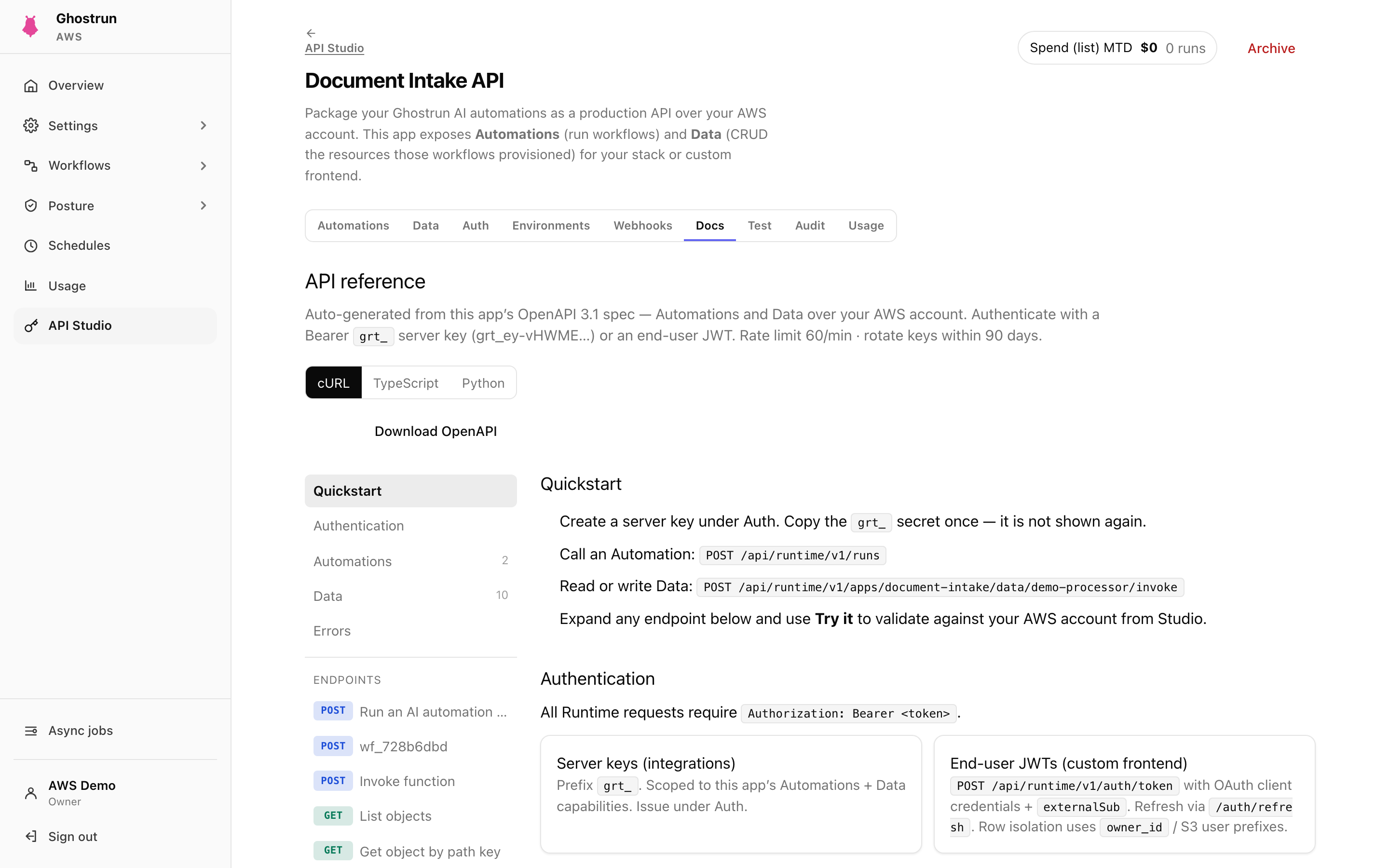 Ghostrun API Studio capabilities running in AWS