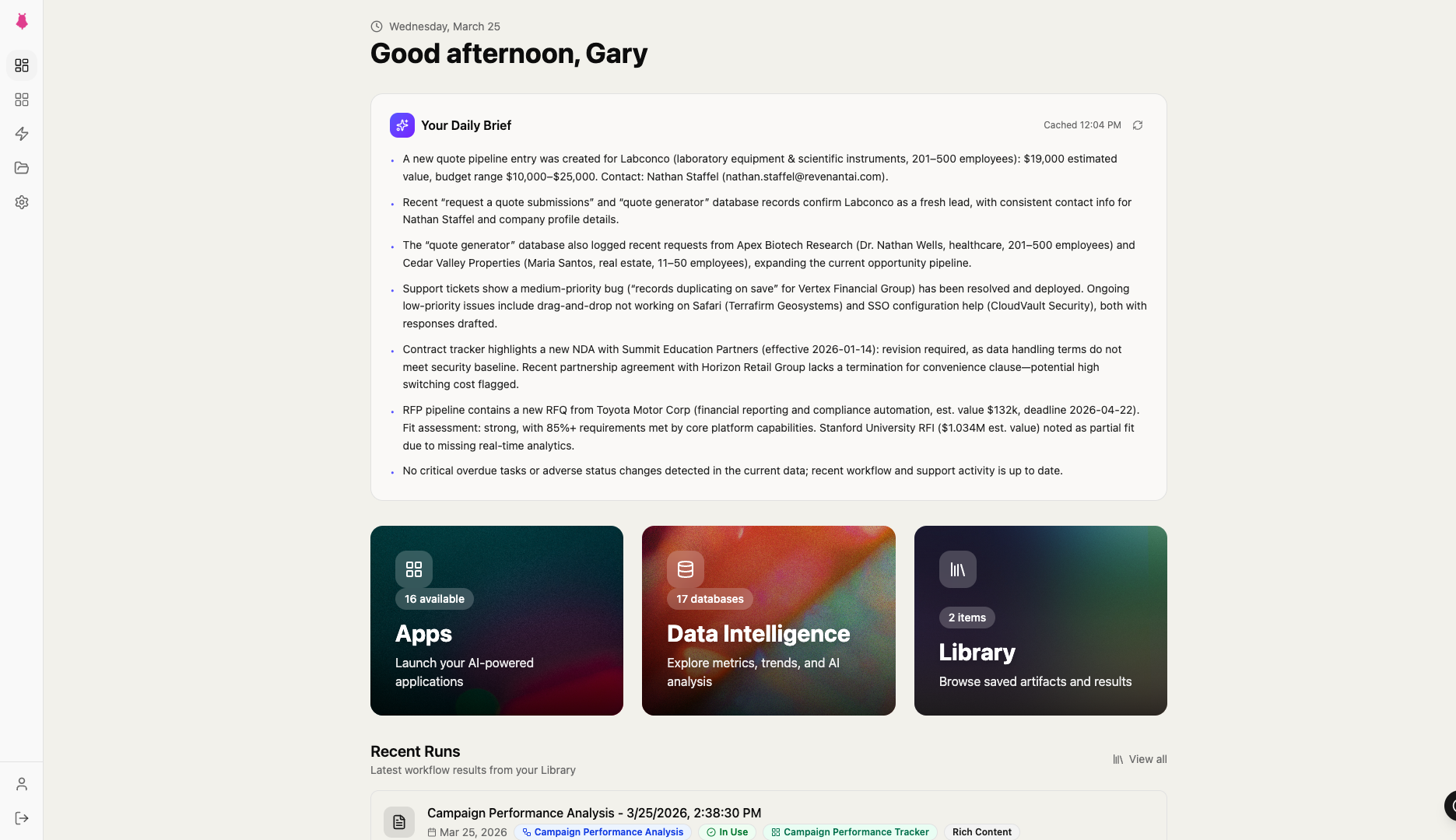 Ghostrun dashboard with the AI Daily Brief, apps, and recent workflow runs