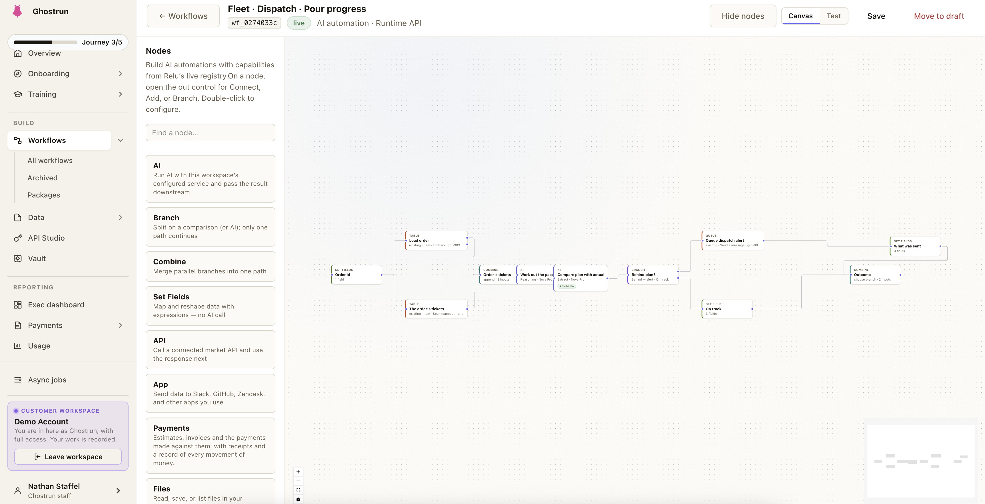Ghostrun workflow builder showing a live fleet dispatch and pour progress automation